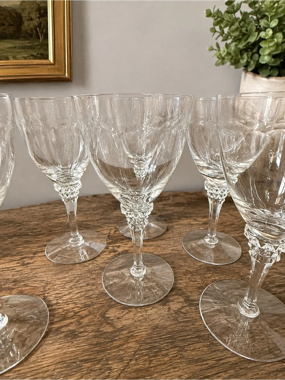 Vintage Clear Etched Crystal Wine Goblets Set of 8 Diamond Stem Scroll Pattern